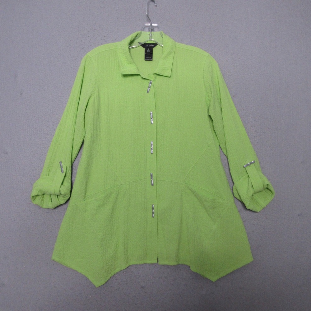Ali Miles Tunic Top Lime Green Textured Asymmetrical Lagenlook Crinkle Artsy
